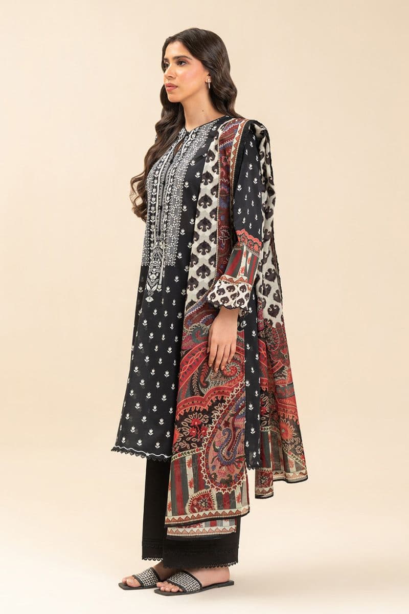 3 PIECE PRINTED LAWN SUIT-SOMBER BLACK (UNSTITCHED) thumbnail
