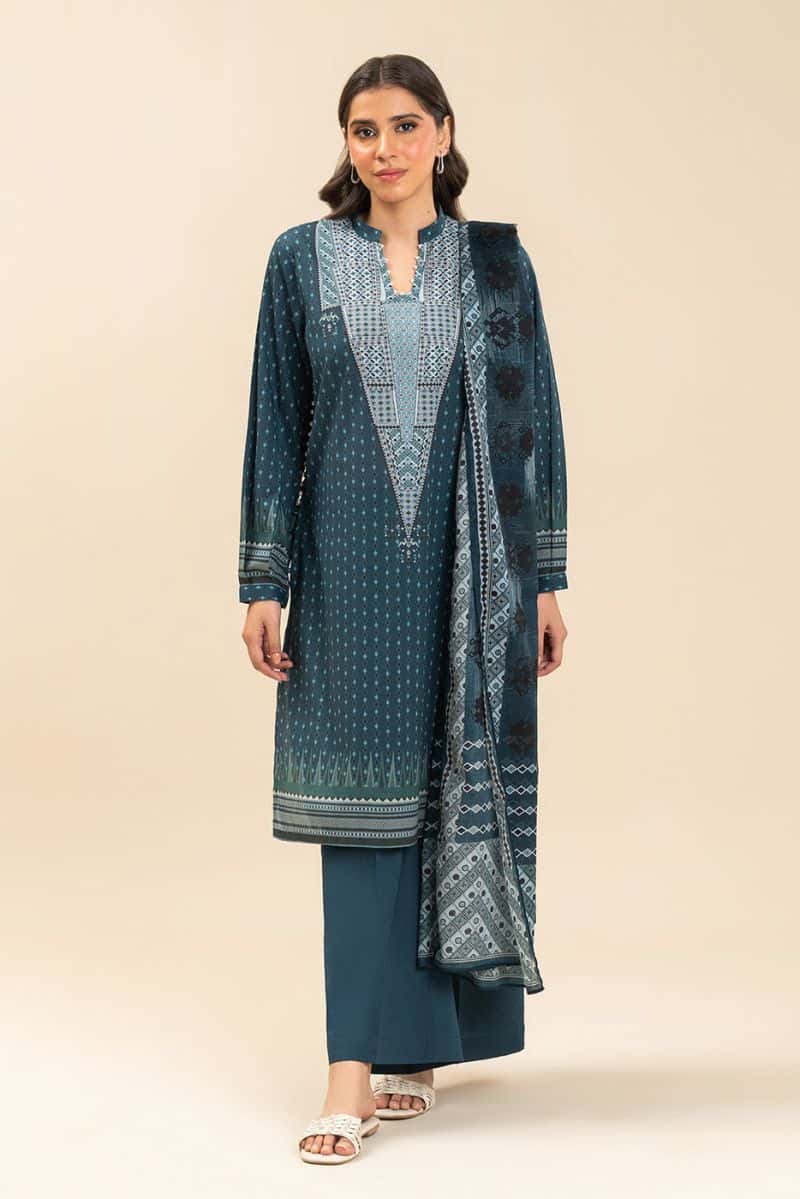3 PIECE PRINTED LAWN SUIT-BLUE WARREN (UNSTITCHED) - alternate view