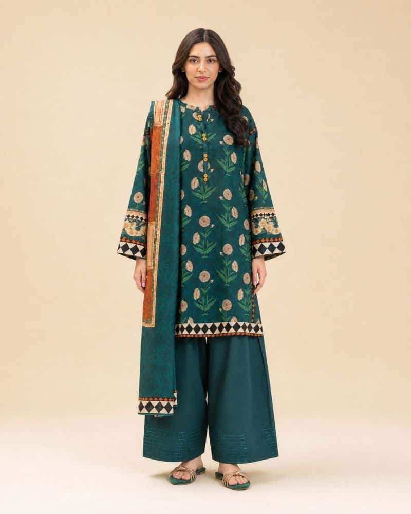 3 PIECE PRINTED LAWN SUIT-EMERALD SLATE (UNSTITCHED)