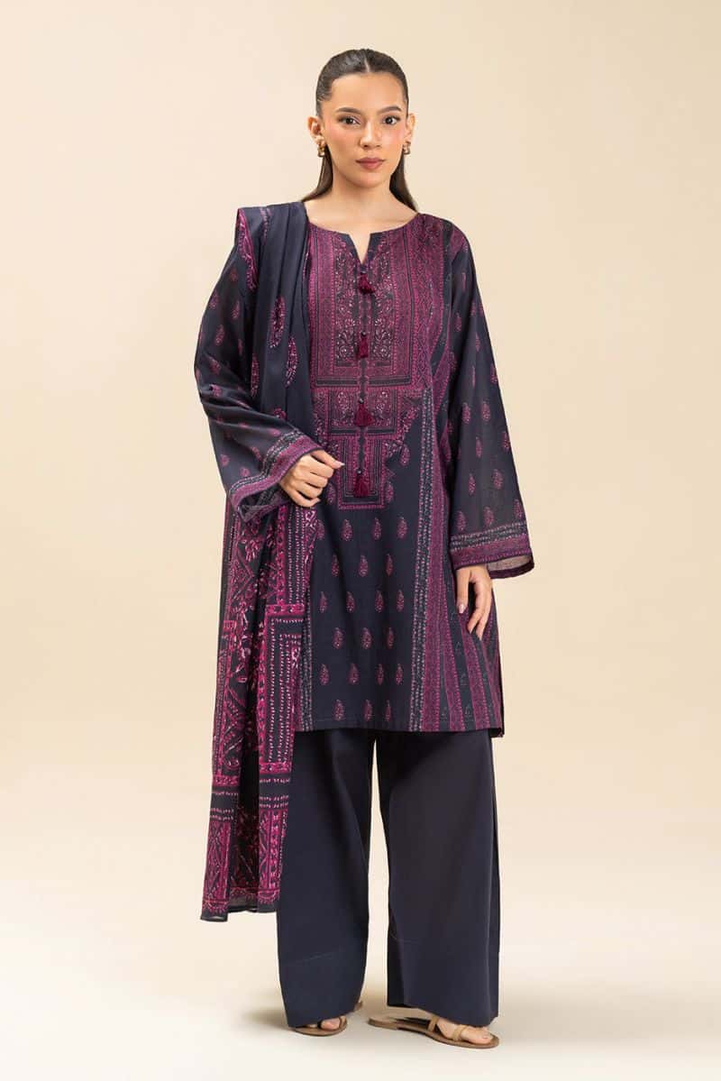 3 PIECE PRINTED LAWN SUIT-RETRO BLUE (UNSTITCHED) - alternate view