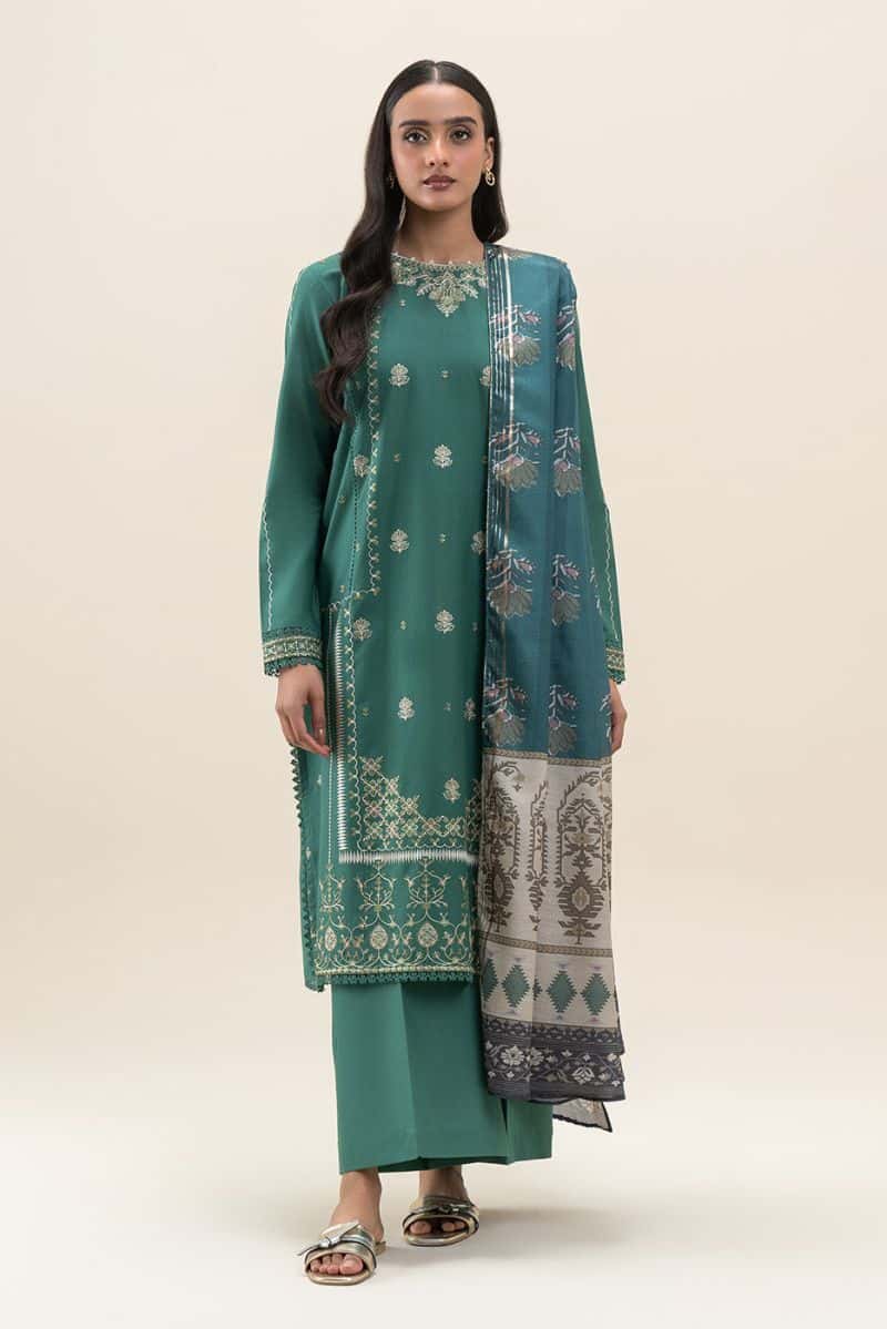 3 PIECE EMBROIDERED LAWN SUIT-SEA MOSS (UNSTITCHED)