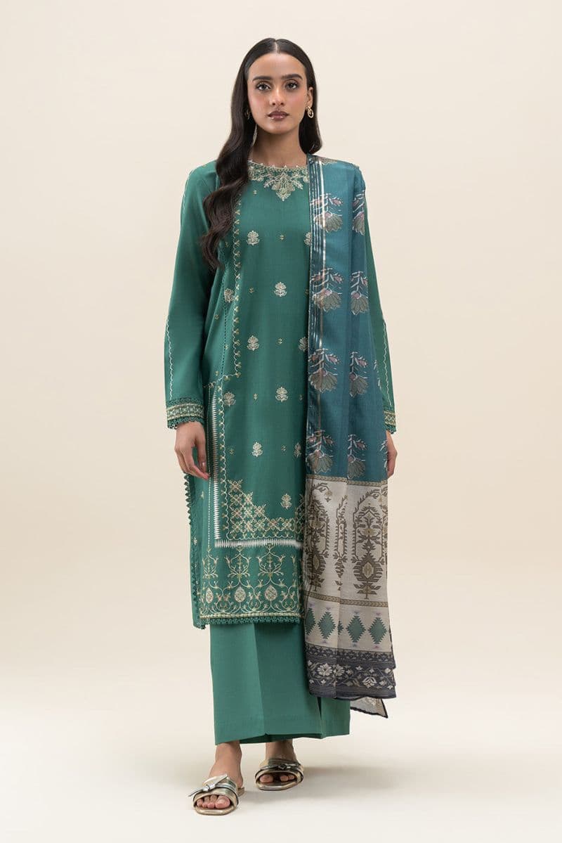 3 PIECE EMBROIDERED LAWN SUIT-SEA MOSS (UNSTITCHED) thumbnail