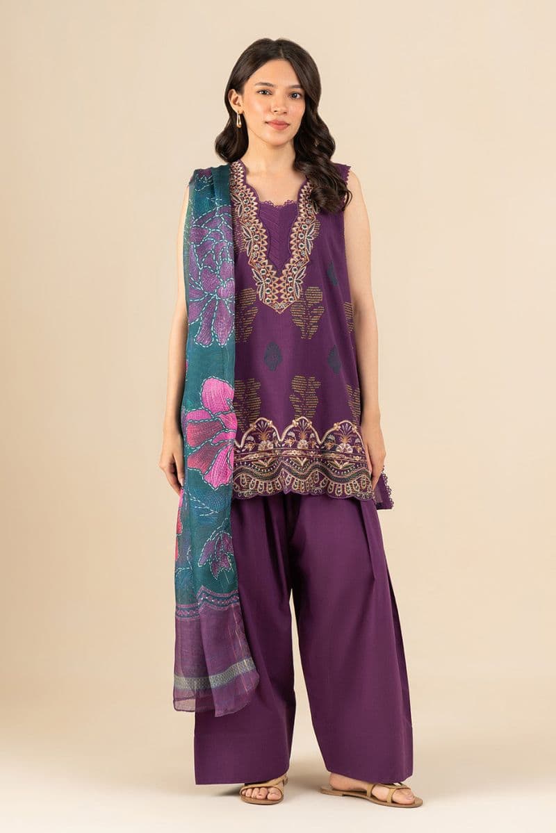 3 PIECE EMBROIDERED REVERSE JACQUARD SUIT-PRYTHIAN PLUM (UNSTITCHED) thumbnail