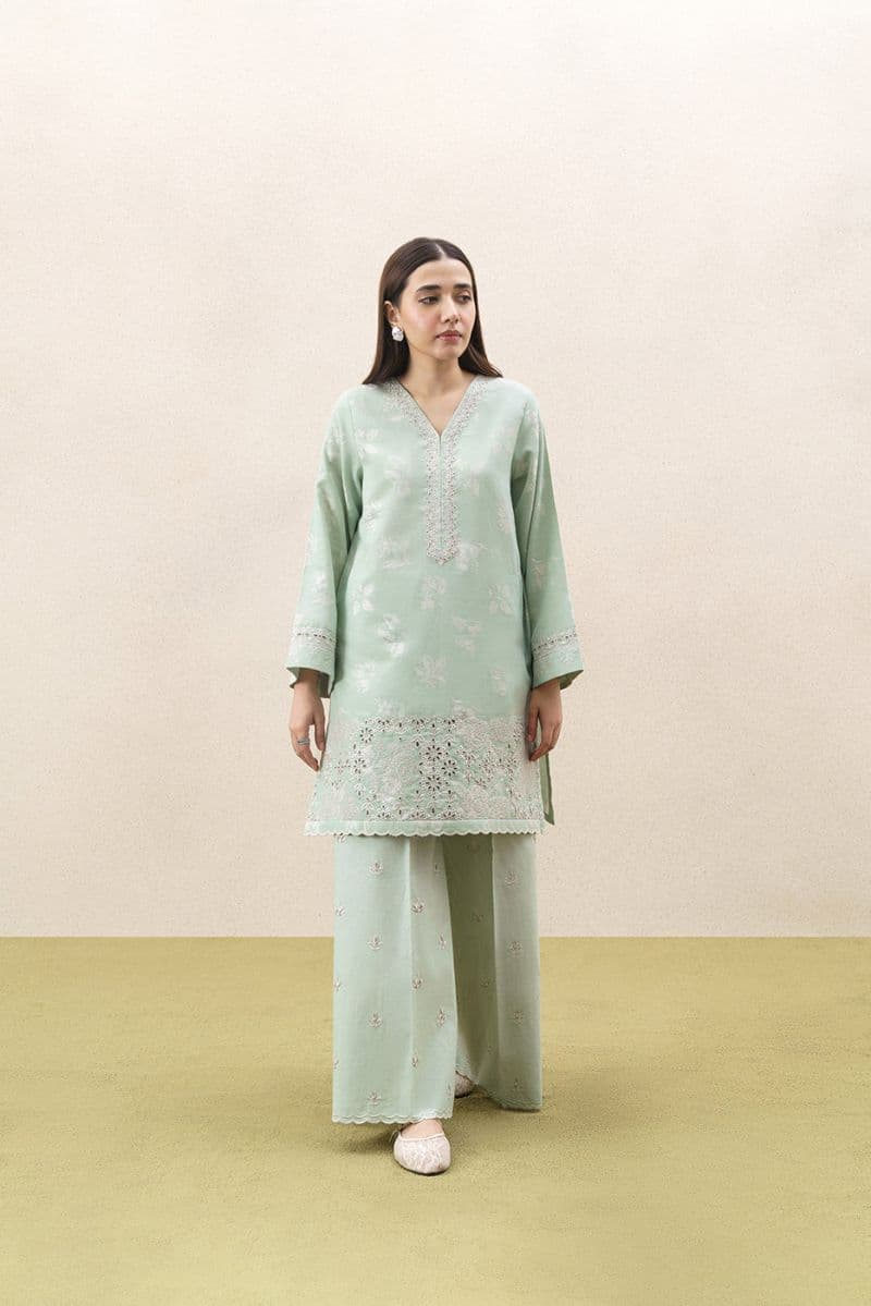 2 PIECE EMBROIDERED SELF JACQUARD SUIT-FROSTED MINT (UNSTITCHED) thumbnail