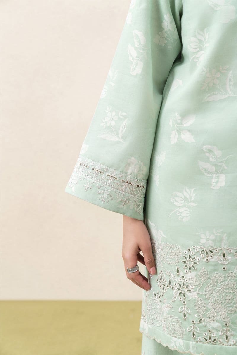 2 PIECE EMBROIDERED SELF JACQUARD SUIT-FROSTED MINT (UNSTITCHED) thumbnail