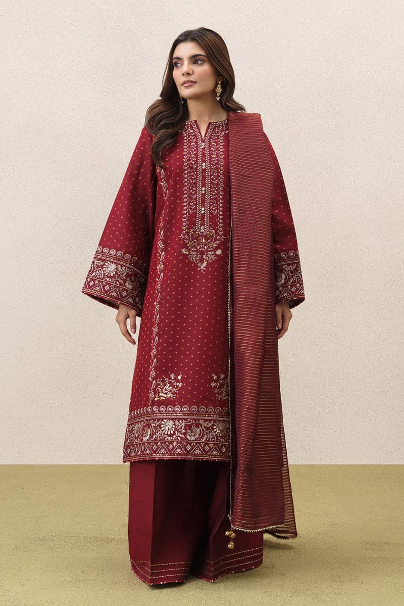 3 PIECE EMBROIDERED YARN DYED JACQUARD SUIT-SCARLET EMBER (UNSTITCHED) thumbnail