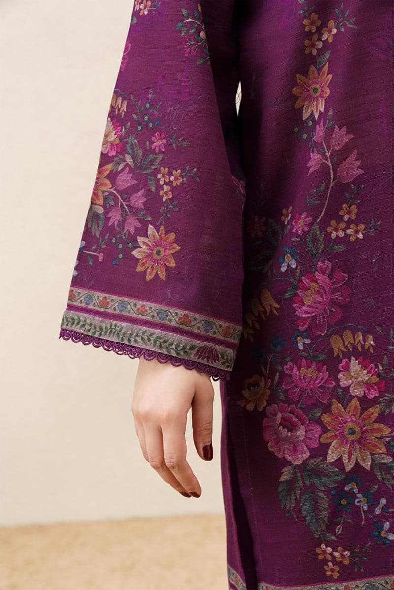 3 PIECE PRINTED SLUB KHADDAR SUIT-PLUM FLORET ( UNSTITCHED ) thumbnail