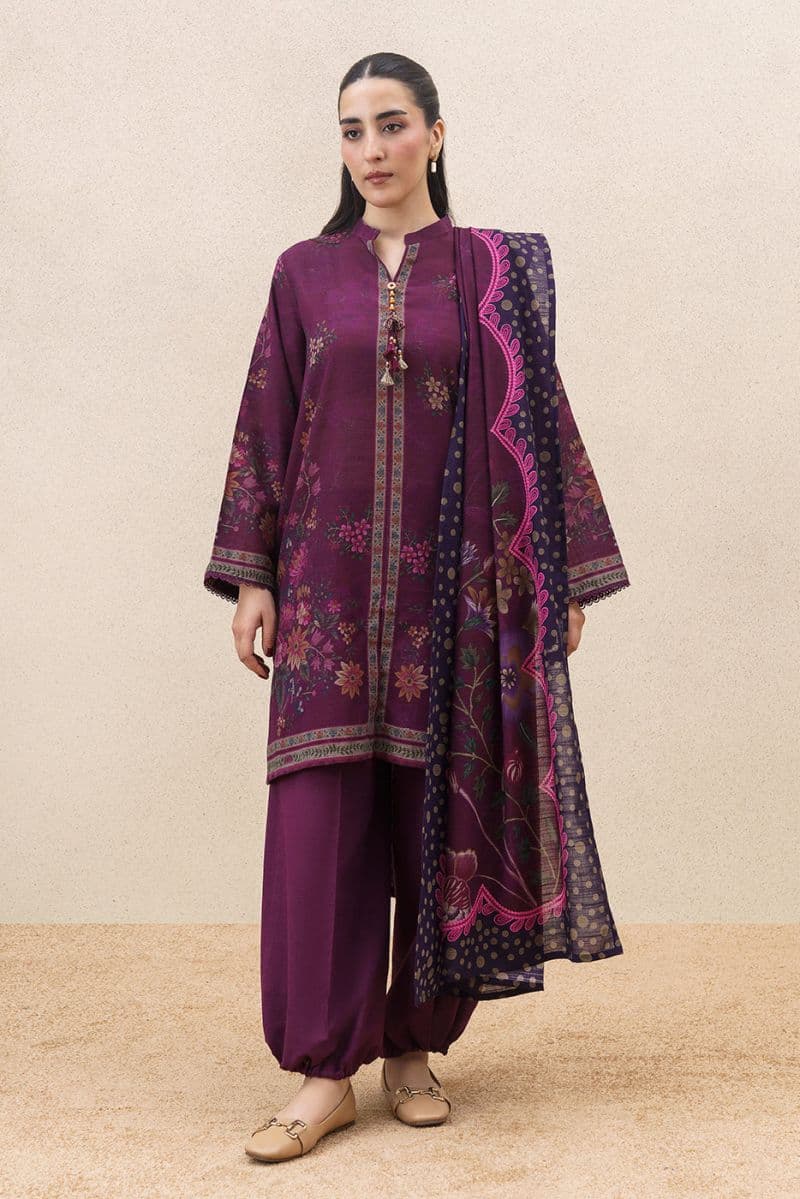 3 PIECE PRINTED SLUB KHADDAR SUIT-PLUM FLORET ( UNSTITCHED ) thumbnail