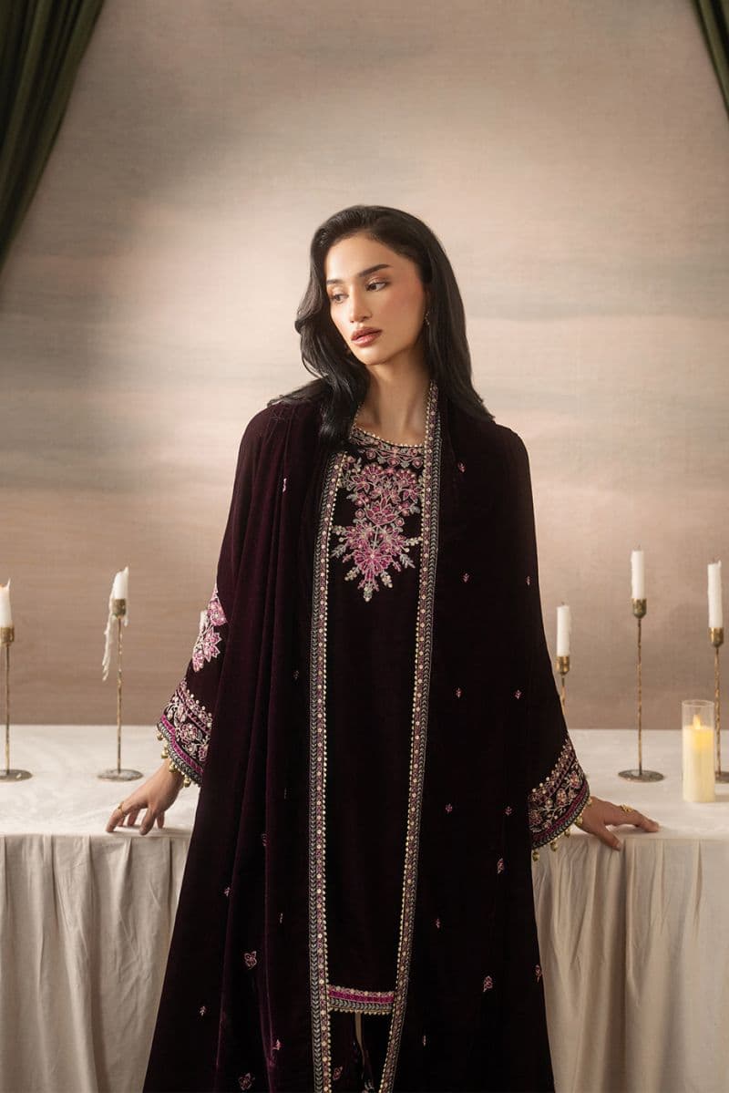 3 PIECE EMBROIDERED VELVET SUIT-DEEP INFERNO ( LUXURY UNSTITCHED ) thumbnail