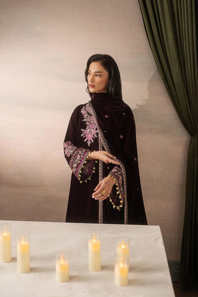 3 PIECE EMBROIDERED VELVET SUIT-DEEP INFERNO ( LUXURY UNSTITCHED ) thumbnail