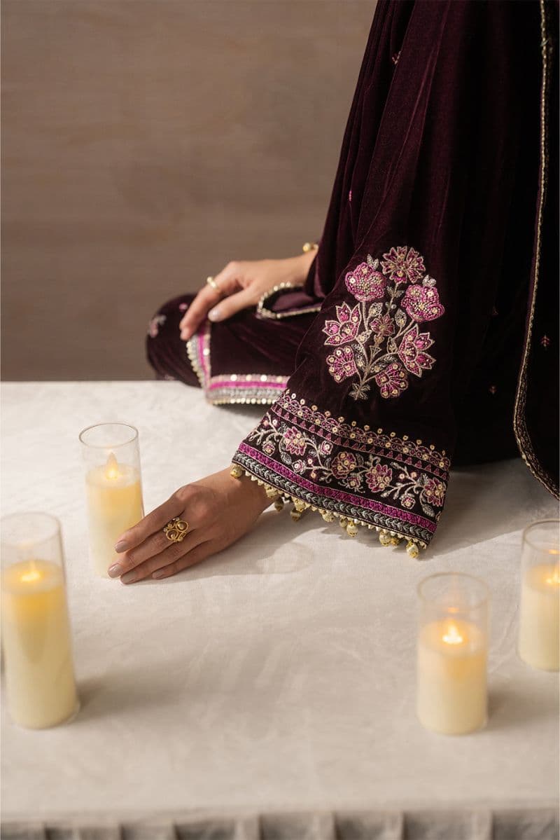 3 PIECE EMBROIDERED VELVET SUIT-DEEP INFERNO ( LUXURY UNSTITCHED ) thumbnail