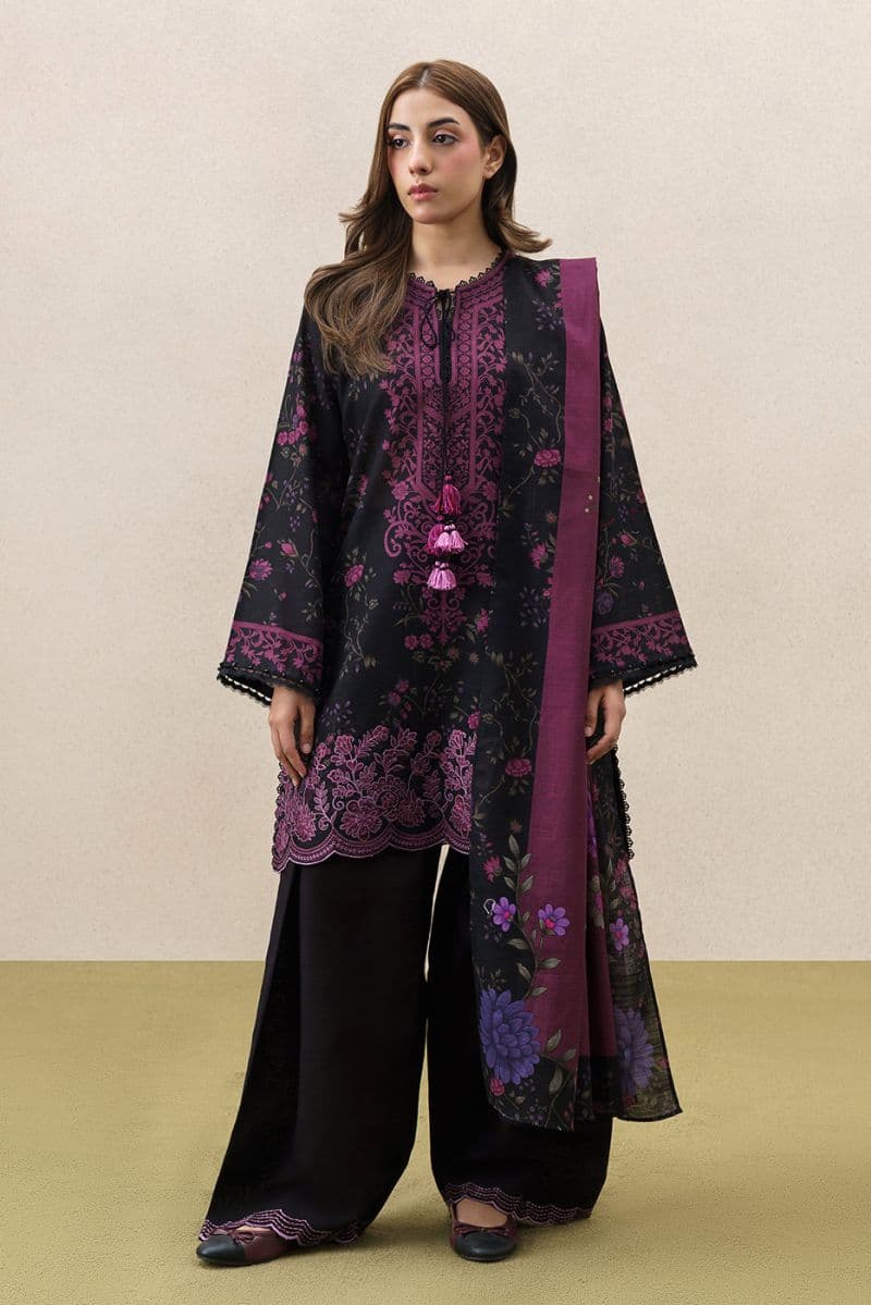 3 PIECE EMBROIDERED SLUB KHADDAR SUIT-MAJESTIC HEM (UNSTITCHED) thumbnail