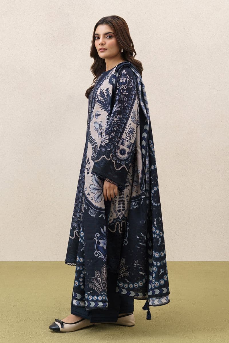 3 PIECE PRINTEDED SLUB KHADDAR SUIT-MYSTIC BLUE (UNSTITCHED) thumbnail