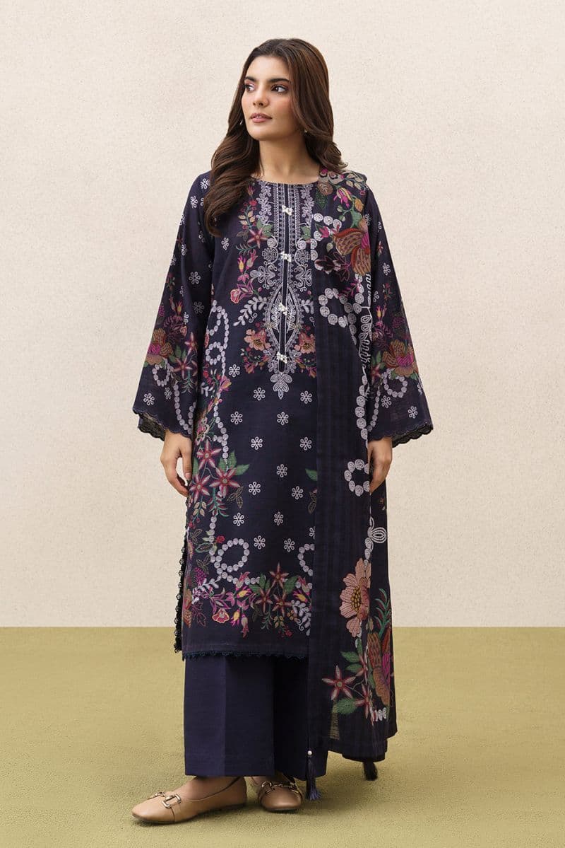 3 PIECE PRINTEDED SLUB KHADDAR SUIT-MIDNIGHT BLOOM (UNSTITCHED) thumbnail