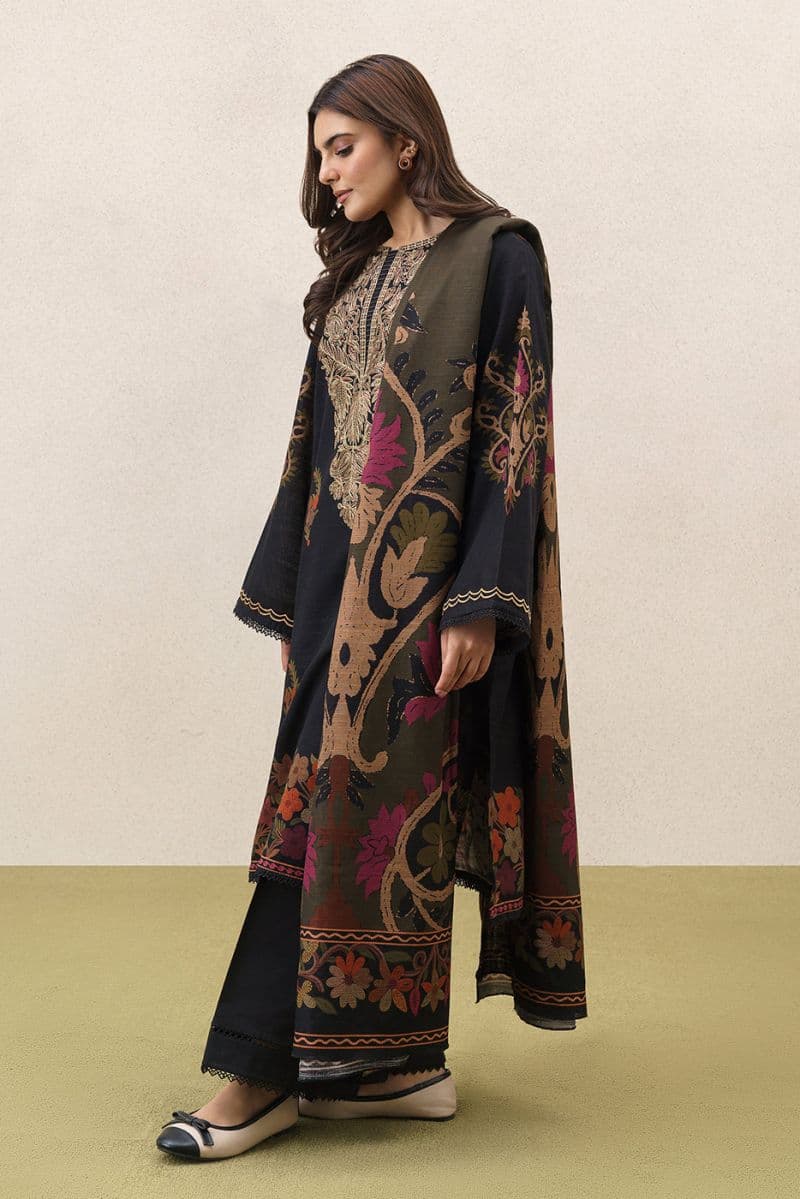 3 PIECE EMBROIDERED SLUB KHADDAR SUIT-BOHO NOCTURNE (UNSTITCHED) thumbnail
