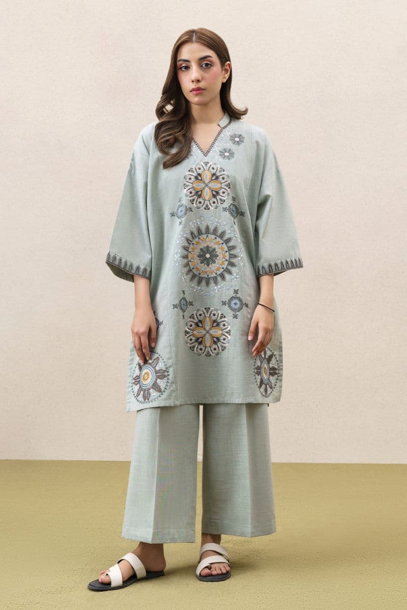 2 PIECE EMBROIDERED TWO WAY SLUB SUIT (PRET) thumbnail