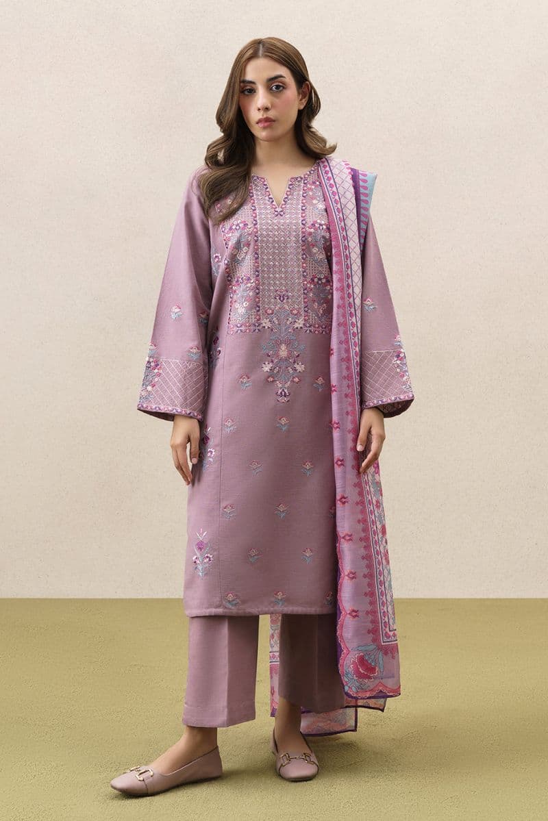 3 PIECE EMBROIDERED SLUB KHADDAR SUIT (PRET) thumbnail