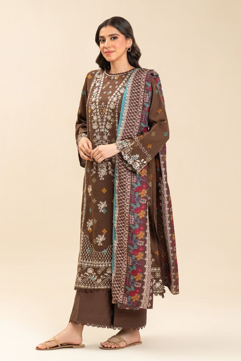 3 PIECE EMBROIDERED JACQUARD SUIT-RUSTIC BRONZE (UNSTITCHED) thumbnail