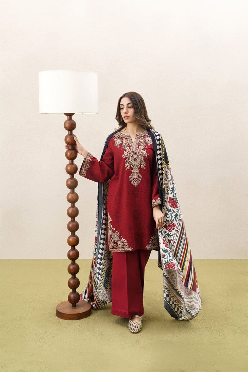 3 PIECE EMBROIDERED KHADDAR SUIT WITH SHAWL-GARNET CRUSH (UNSTITCHED) thumbnail