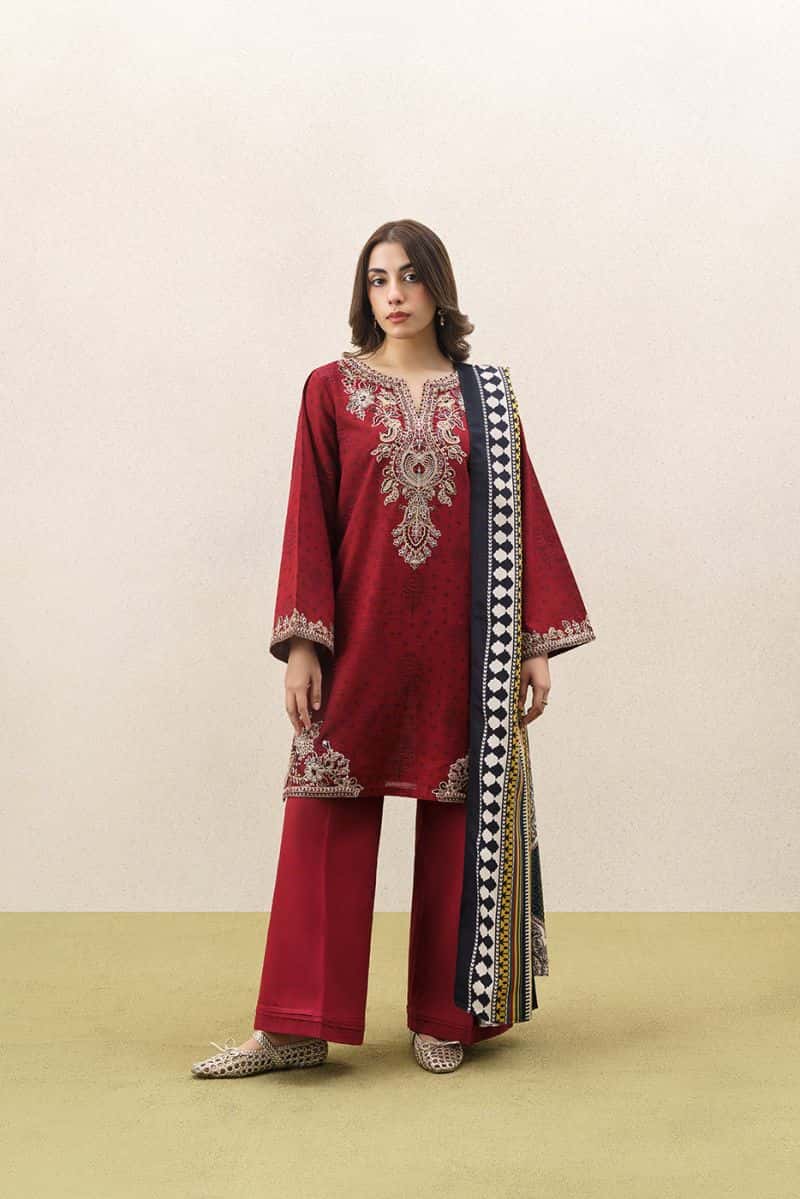 3 PIECE EMBROIDERED KHADDAR SUIT WITH SHAWL-GARNET CRUSH (UNSTITCHED) - alternate view