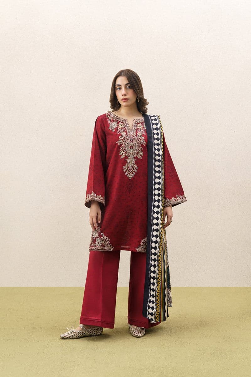 3 PIECE EMBROIDERED KHADDAR SUIT WITH SHAWL-GARNET CRUSH (UNSTITCHED) thumbnail