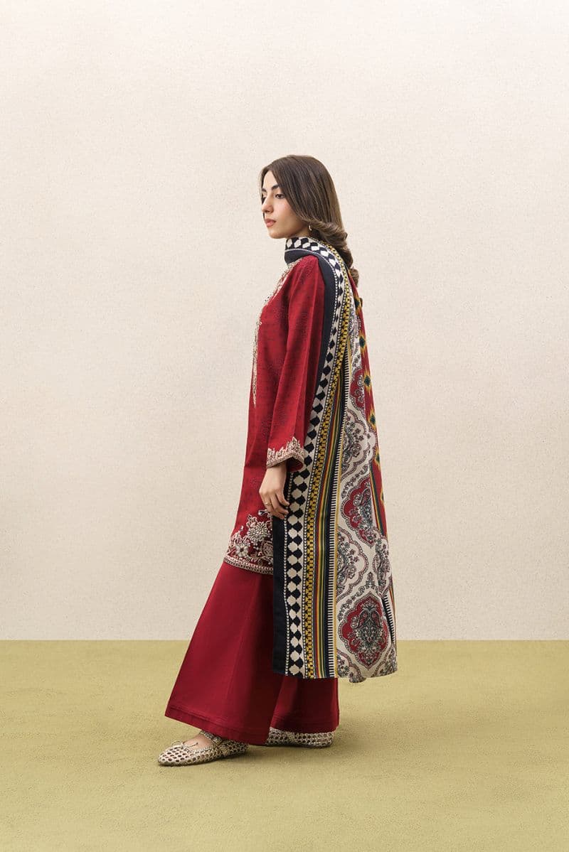 3 PIECE EMBROIDERED KHADDAR SUIT WITH SHAWL-GARNET CRUSH (UNSTITCHED) thumbnail