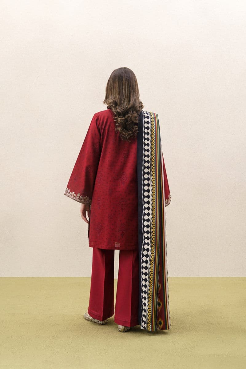 3 PIECE EMBROIDERED KHADDAR SUIT WITH SHAWL-GARNET CRUSH (UNSTITCHED) thumbnail