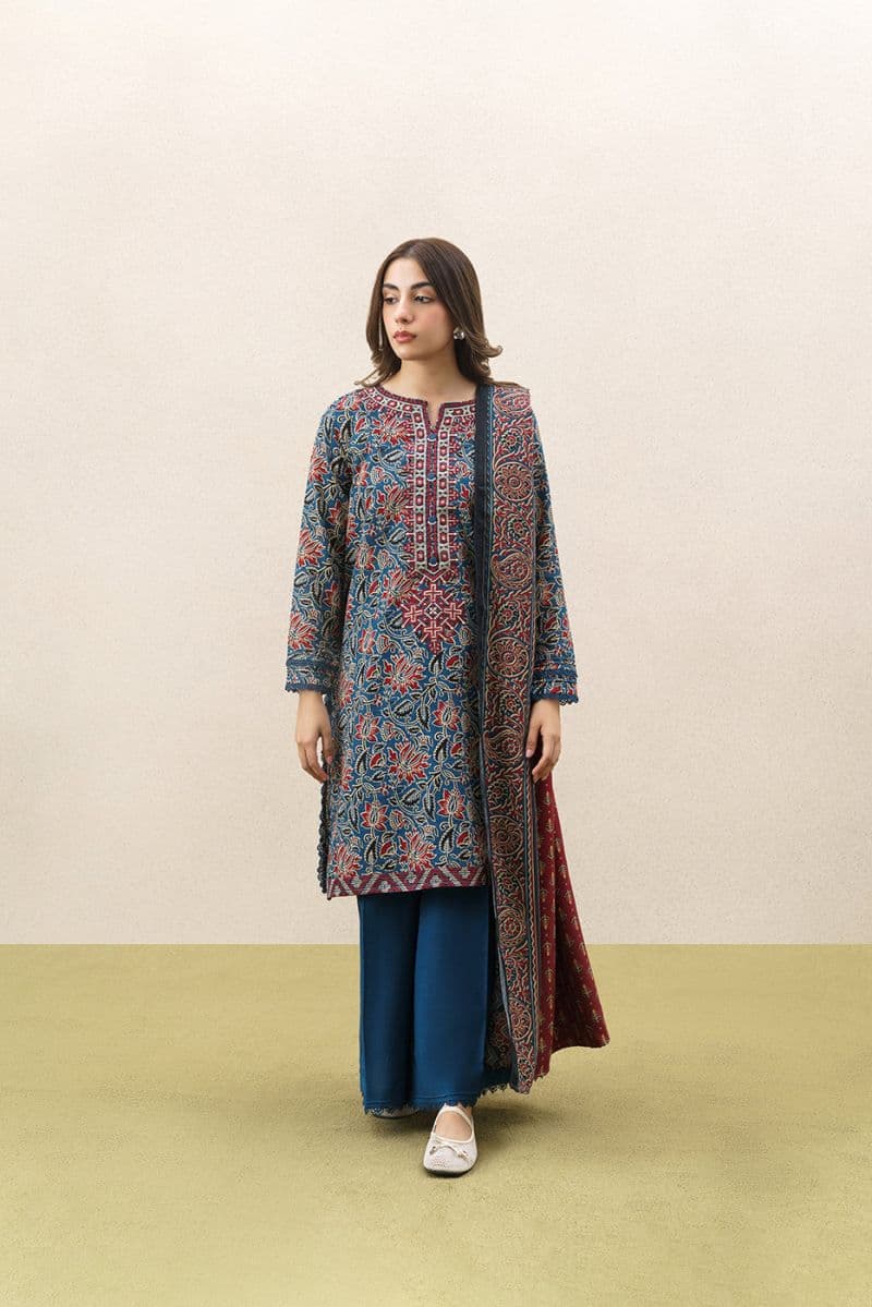 3 PIECE EMBROIDERED KHADDAR SUIT WITH SHAWL-BLOOMING MEADOW (UNSTITCHED) thumbnail