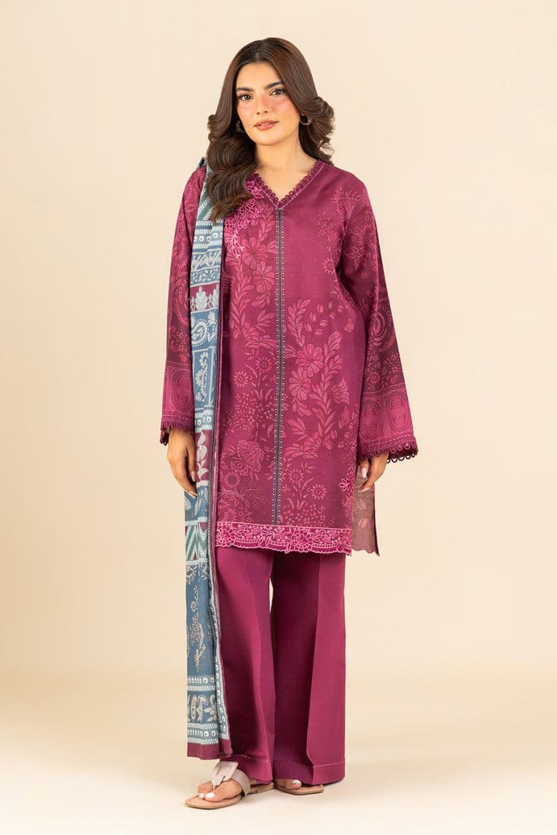 3 PIECE EMBROIDERED LAWN SUIT-PLUM WHISPER (UNSTITCHED) thumbnail