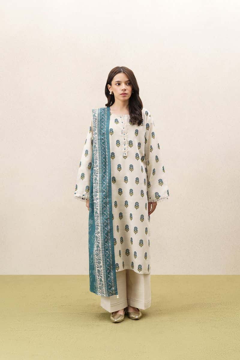 3 PIECE PRINTED KHADDAR SUIT-SILVER MUSE (UNSTITCHED) - alternate view