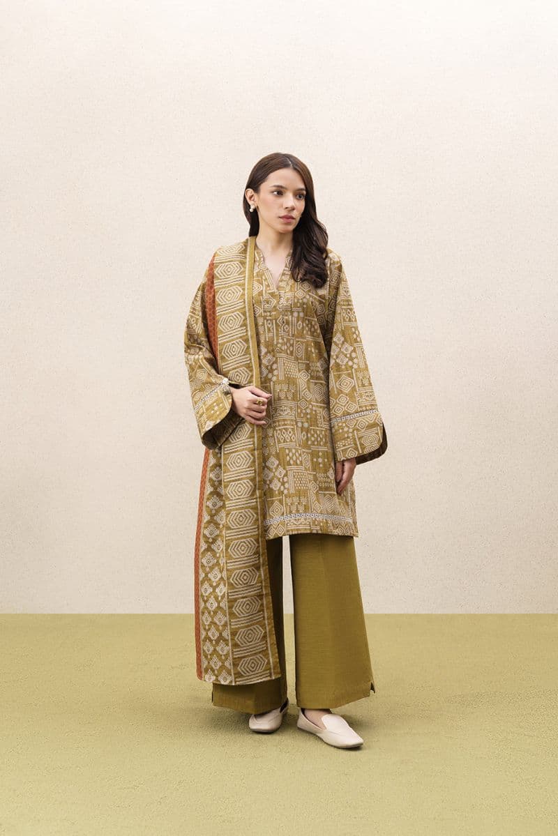 3 PIECE PRINTED KHADDAR SUIT-BURNT UMBER (UNSTITCHED) thumbnail