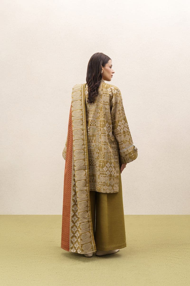 3 PIECE PRINTED KHADDAR SUIT-BURNT UMBER (UNSTITCHED) thumbnail