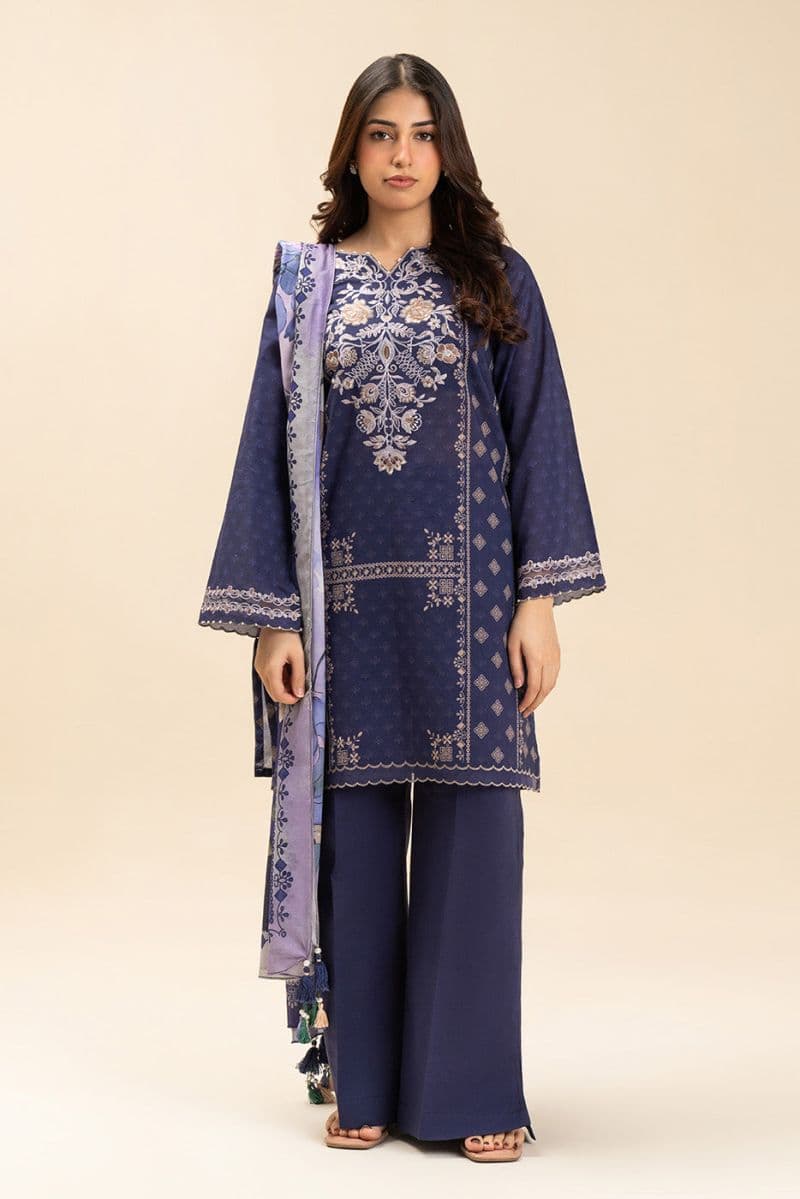 3 PIECE EMBROIDERED LAWN SUIT-PLUM ORCHID (UNSTITCHED) thumbnail