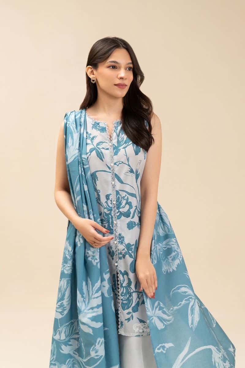 3 PICE EMBROIDERED LAWN SUIT-MONOCHROMATIC AZURE (UNSTITCHED)