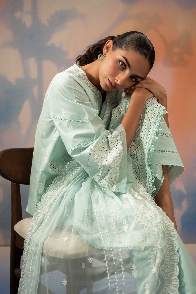 3 PIECE EMBROIDERED CHIKANKARI SUIT WITH BAMBER DUPATTA-AZURE MIST (UNSTITCHED) thumbnail