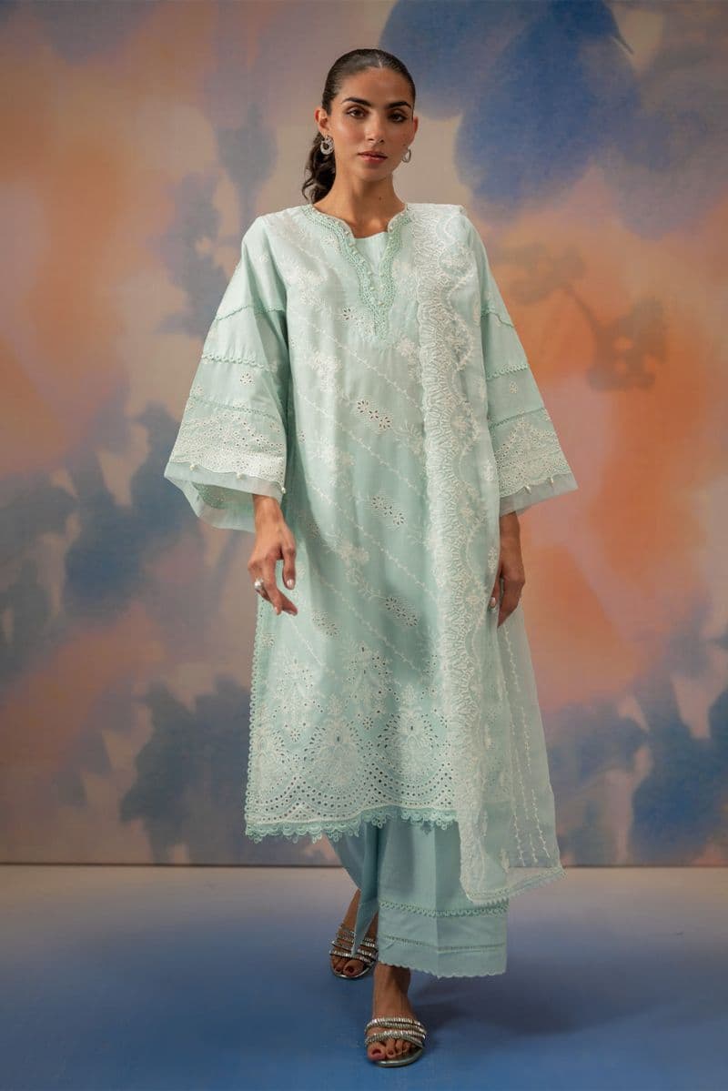 3 PIECE EMBROIDERED CHIKANKARI SUIT WITH BAMBER DUPATTA-AZURE MIST (UNSTITCHED) thumbnail