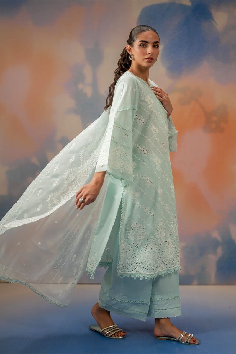 3 PIECE EMBROIDERED CHIKANKARI SUIT WITH BAMBER DUPATTA-AZURE MIST (UNSTITCHED) thumbnail