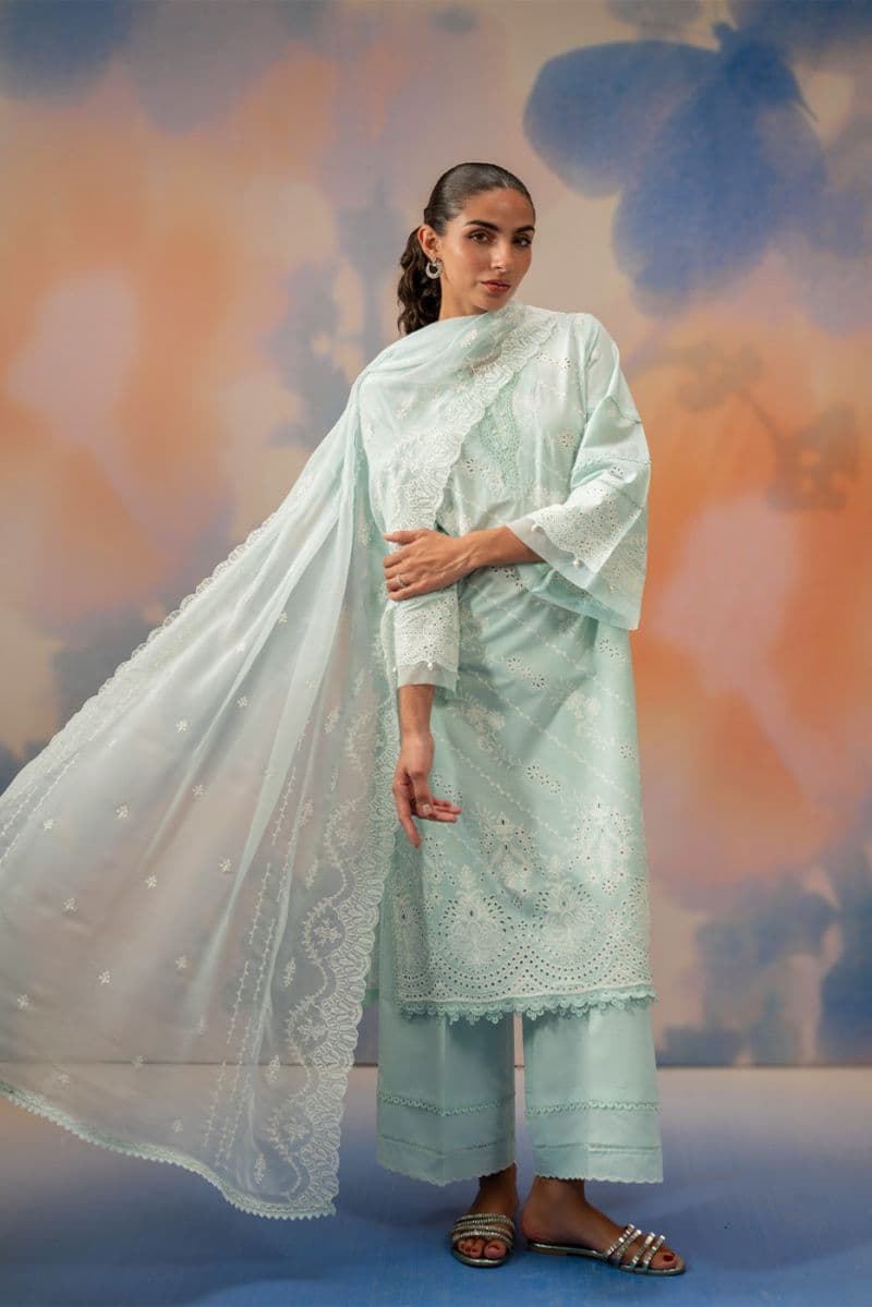 3 PIECE EMBROIDERED CHIKANKARI SUIT WITH BAMBER DUPATTA-AZURE MIST (UNSTITCHED) thumbnail