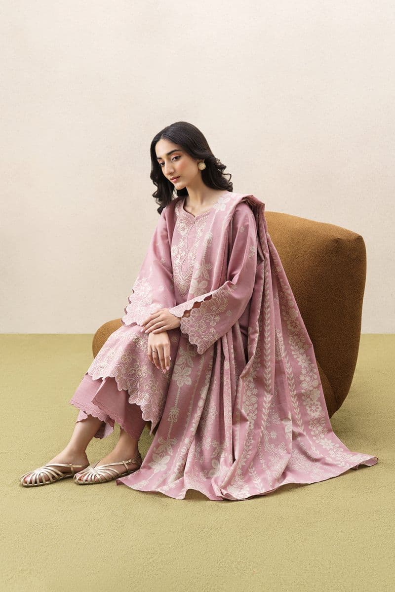 3 Piece Embroidered Khaddar Suit With Shawl - Frosted Rose Unstitched thumbnail