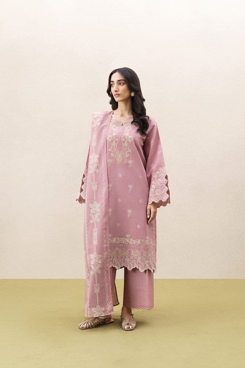 3 Piece Embroidered Khaddar Suit With Shawl - Frosted Rose Unstitched thumbnail