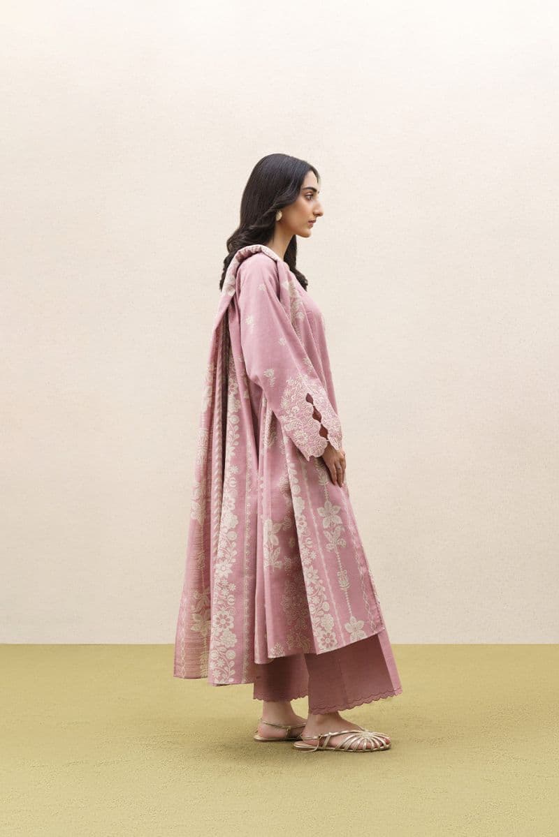3 Piece Embroidered Khaddar Suit With Shawl - Frosted Rose Unstitched thumbnail