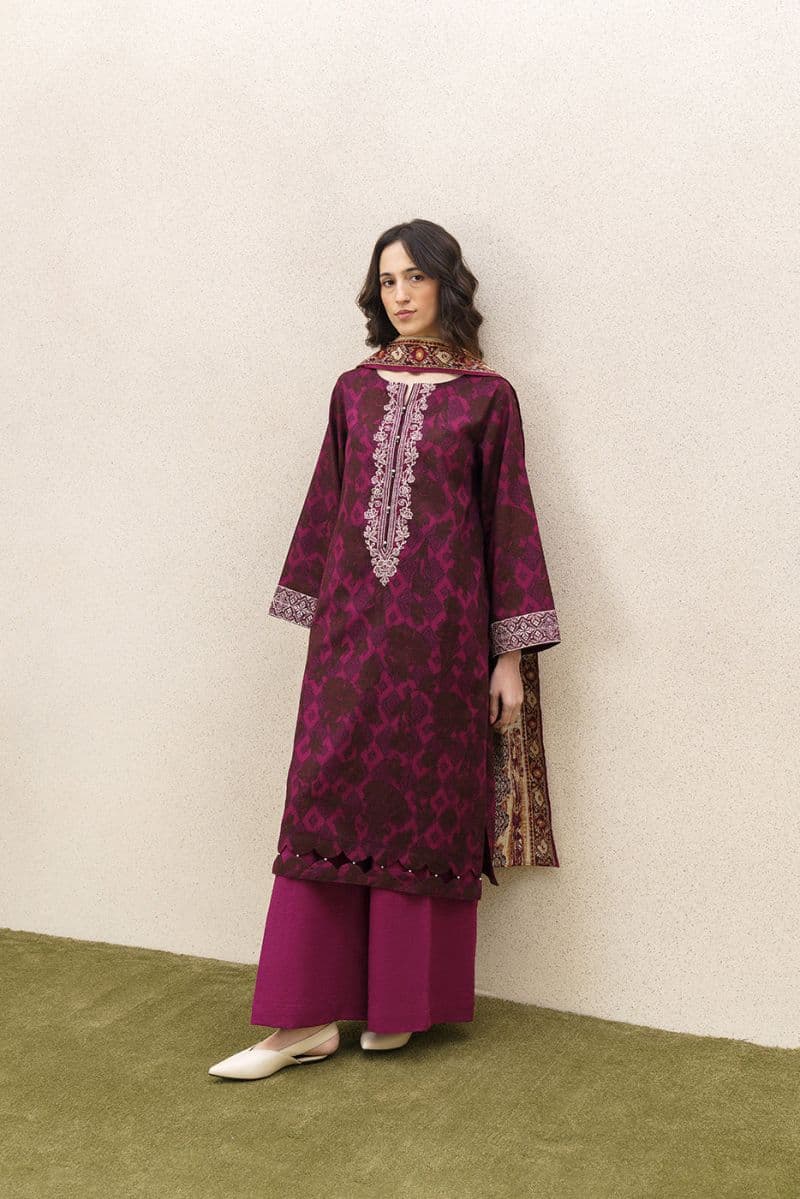 3 Piece Embroidered Khaddar Suit - Raze Mauve Unstitched thumbnail
