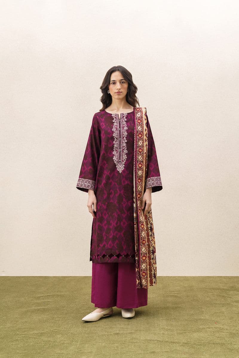 3 Piece Embroidered Khaddar Suit - Raze Mauve Unstitched thumbnail