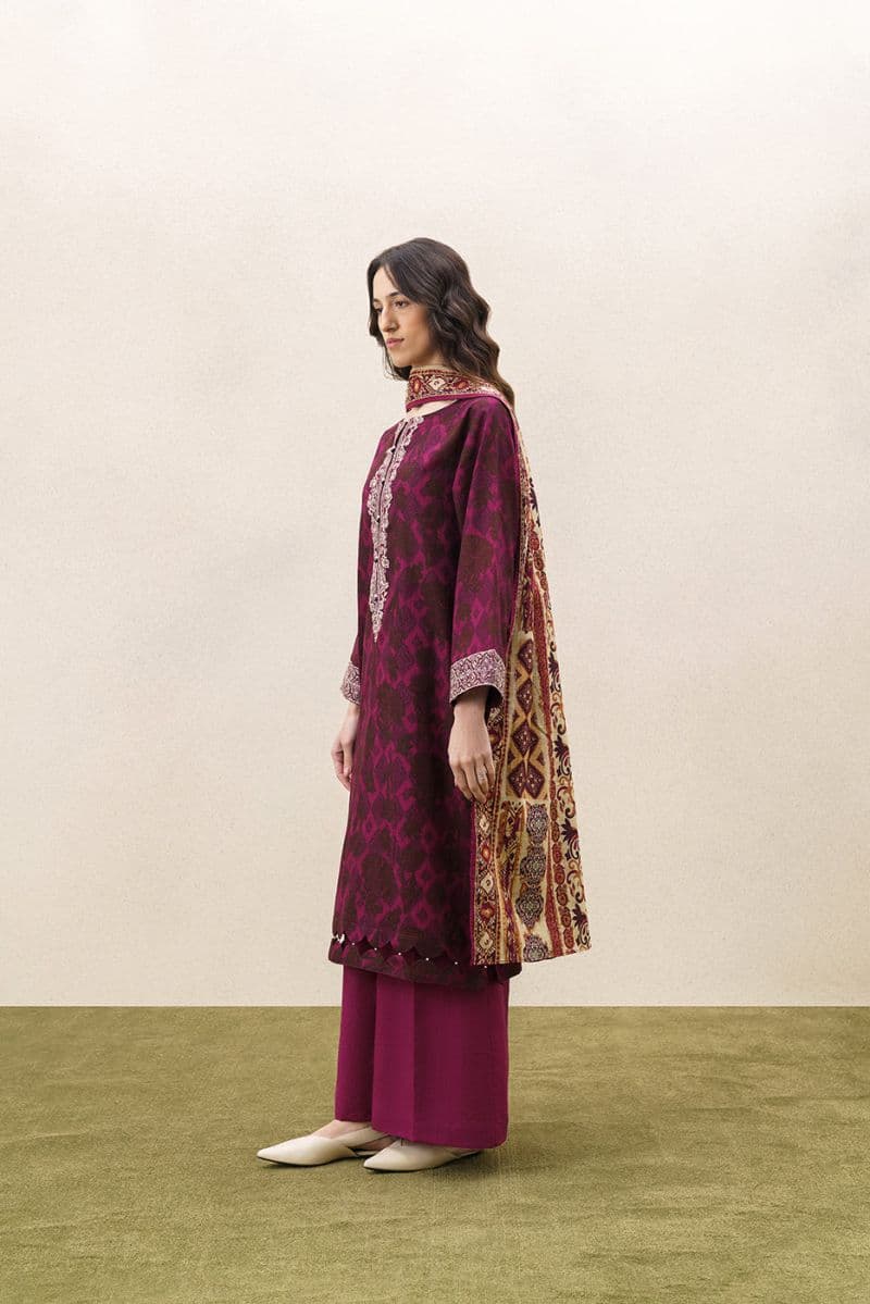 3 Piece Embroidered Khaddar Suit - Raze Mauve Unstitched thumbnail