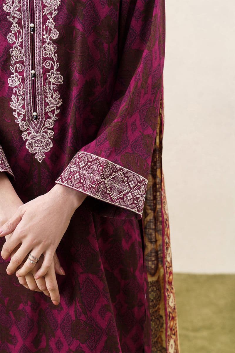 3 Piece Embroidered Khaddar Suit - Raze Mauve Unstitched thumbnail