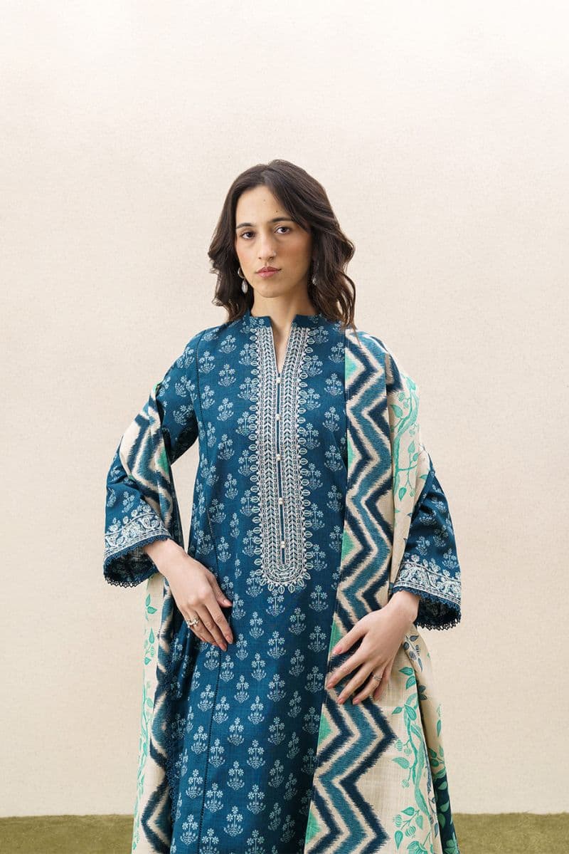 3 Piece Embroidered Khaddar Suit - Chivron Blue Unstitched thumbnail
