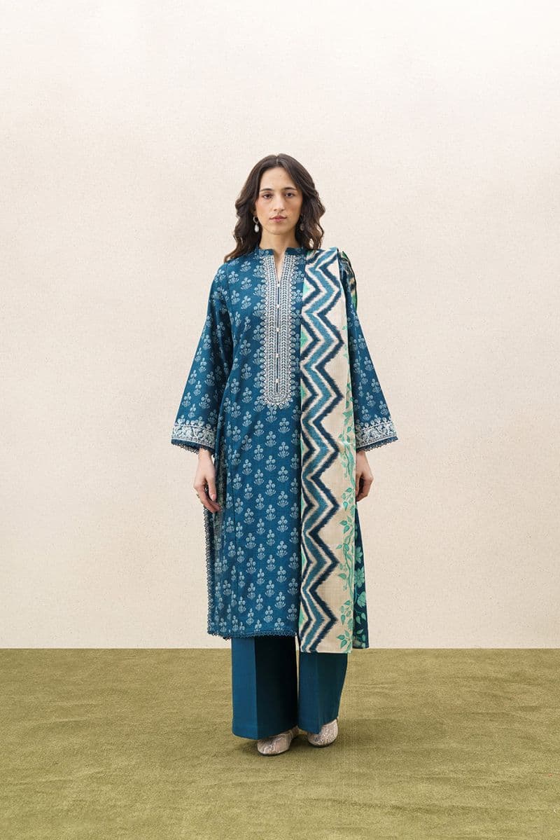 3 Piece Embroidered Khaddar Suit - Chivron Blue Unstitched thumbnail