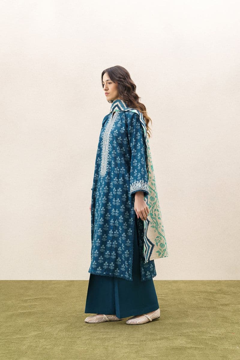 3 Piece Embroidered Khaddar Suit - Chivron Blue Unstitched thumbnail