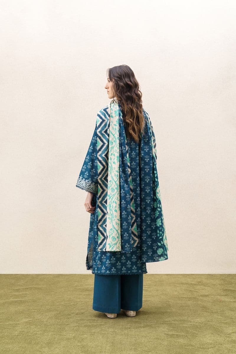 3 Piece Embroidered Khaddar Suit - Chivron Blue Unstitched thumbnail