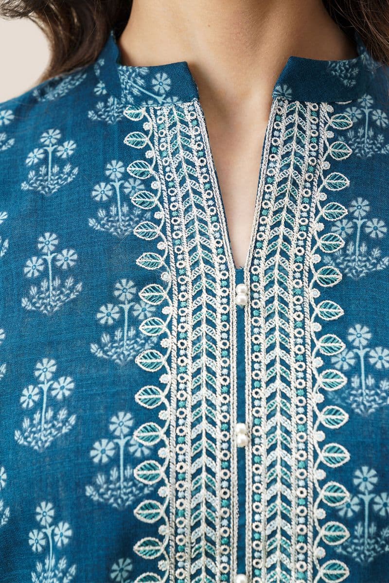 3 Piece Embroidered Khaddar Suit - Chivron Blue Unstitched thumbnail